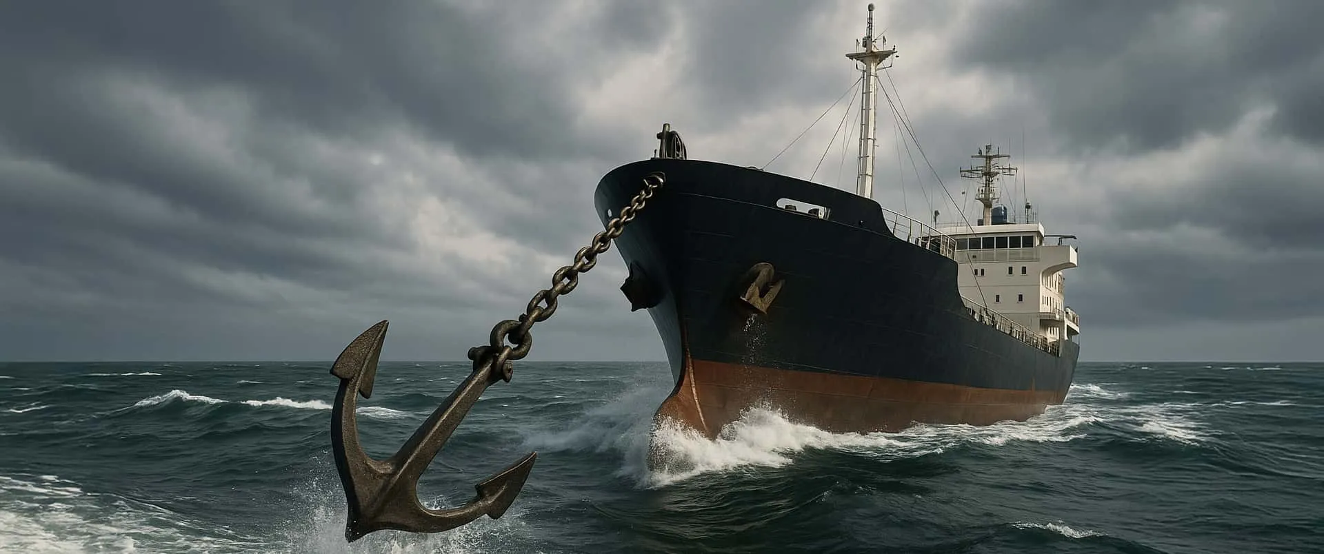 A large ship at sea, with an anchor line going out