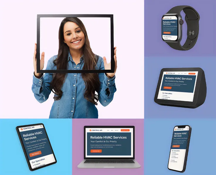 A woman holding a transparent frame, surrounded Brady Bunch-style by devices with Anchorline Web Design websites