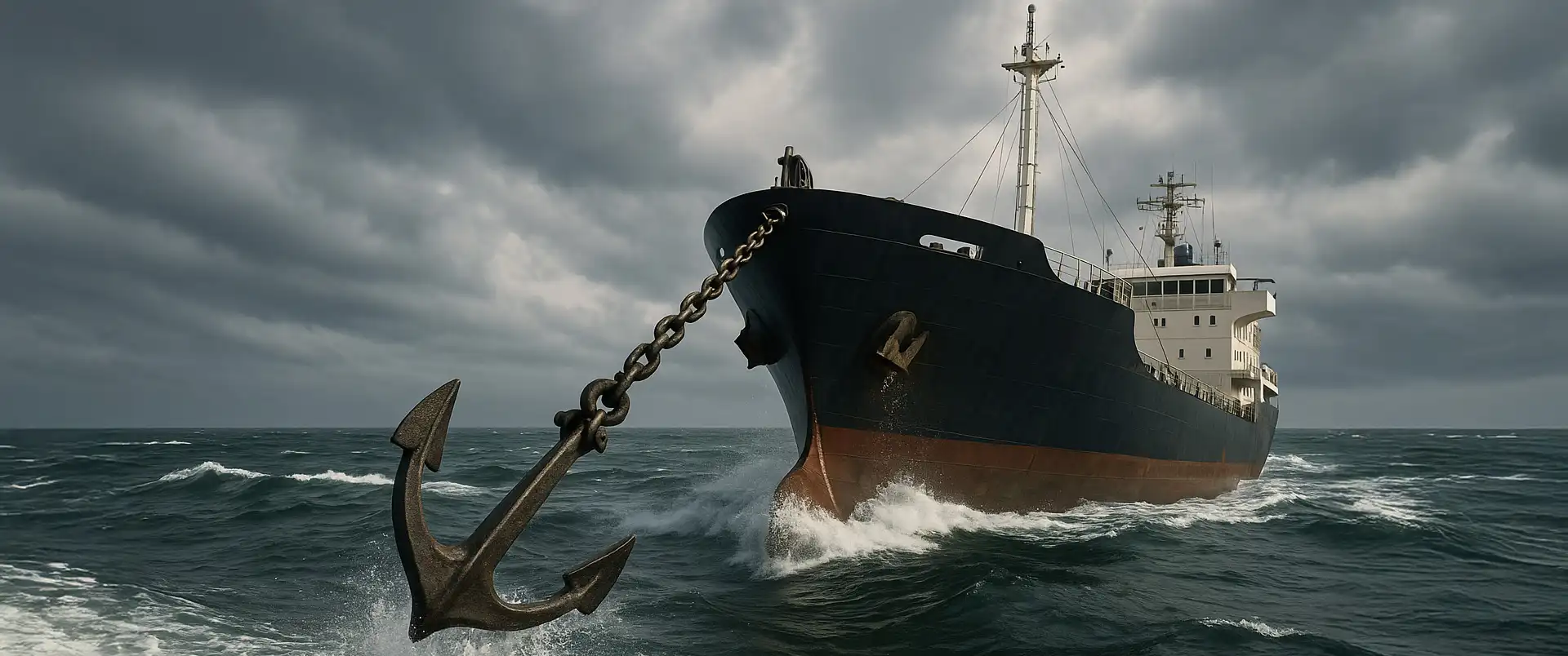 A large ship at sea, with an anchor line going out