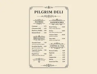 The Pilgrim Deli print menu made by Anchorline Web Design