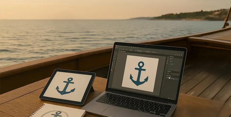 A laptop, tablet, and sketch book with the same image of an anchor, on a boat